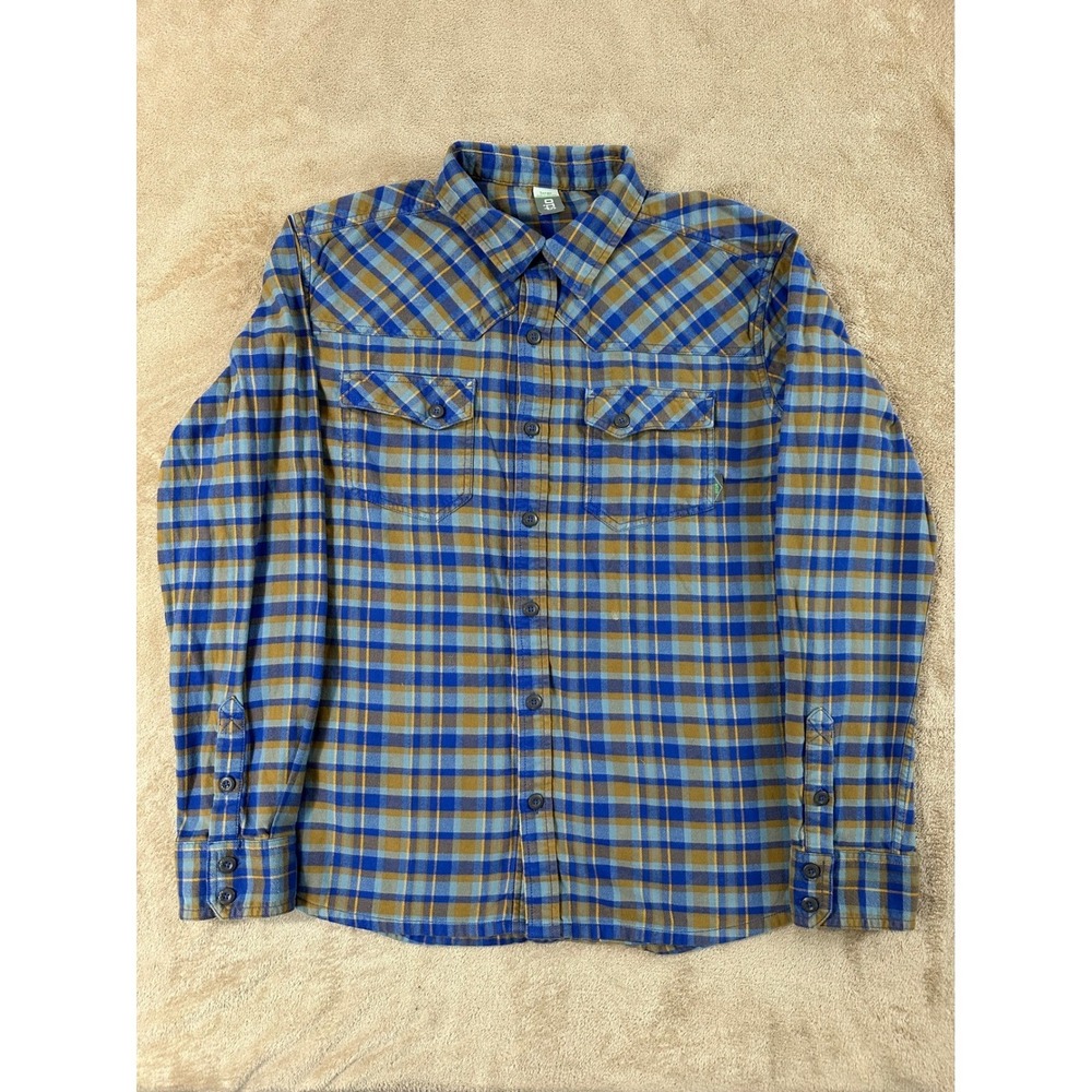 Stio Plaid Flannel Shirt Men' Size L Blue Brown Western Yoke Long Sleeve EUC